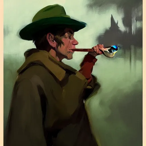 Image similar to greg manchess portrait painting of snufkin smoking a pipe, medium shot, asymmetrical, profile picture, organic painting, rainy day, matte painting, bold shapes, hard edges, street art, trending on artstation, by huang guangjian and gil elvgren and sachin teng