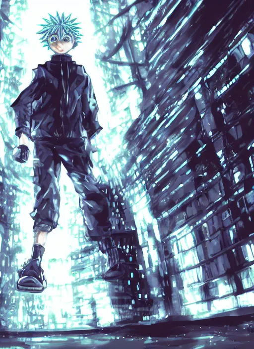 Prompt: Killua walking towards camera, epic, artstation, cyberpunk, intricate complexity, rule of thirds