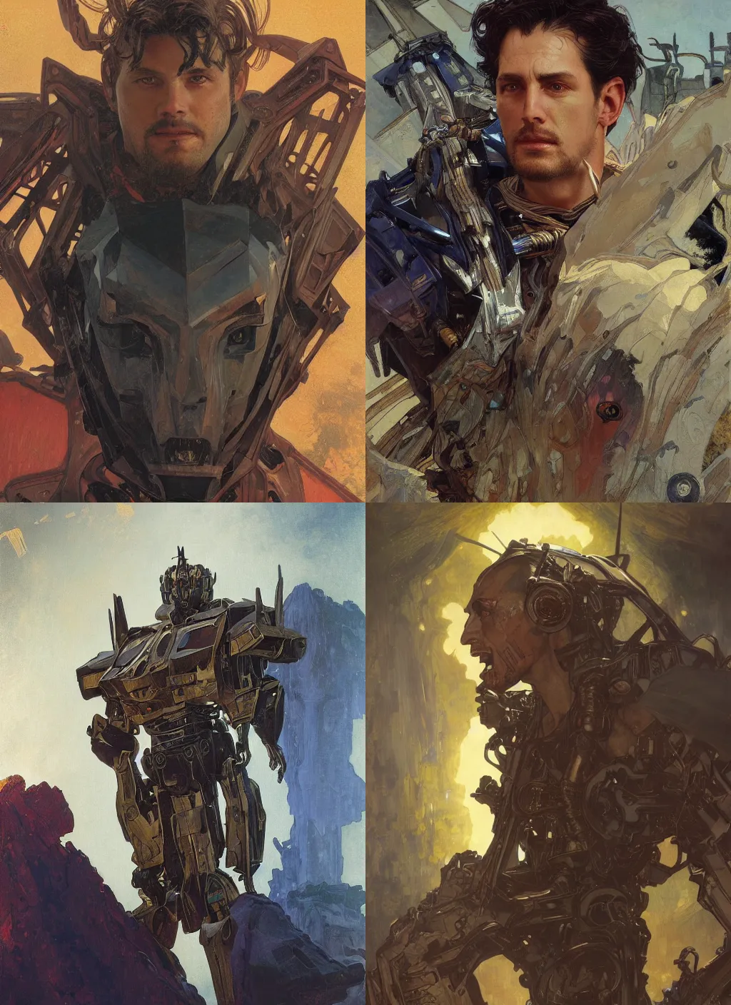 Prompt: Transformers IDW Collection Phase Two Volume 7 Concept Art Portrait Handsome Man snarling seductively, Highly detailed by greg rutkowski, Ilya repin, alphonse mucha, and Edmund Blair Leighton. Very highly detailed 8K, octane, Digital painting, the golden ratio, rational painting, sharp