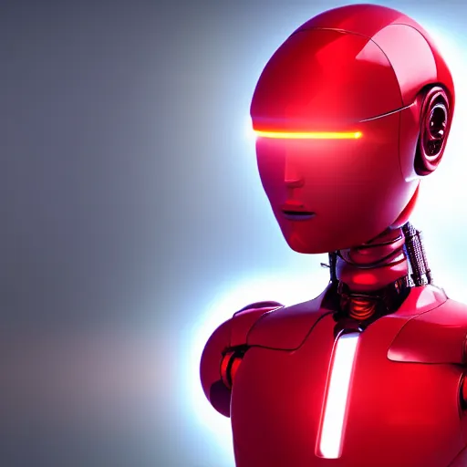 Prompt: a red humanoid robot, sci-fi concept art, photorealistic, leds, lens flare