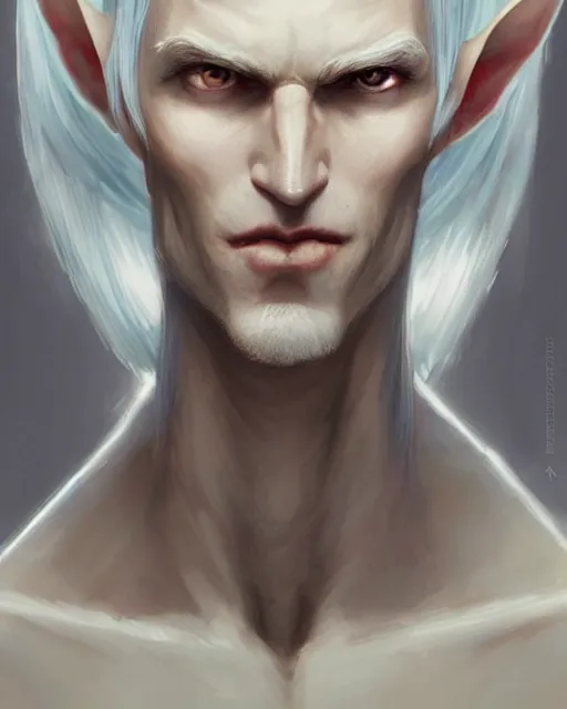 Image similar to character portrait of a slender half elf man with white hair, piercing blue eyes, and pale bluish skin, by greg rutkowski, mark brookes, jim burns, tom bagshaw, trending on artstation