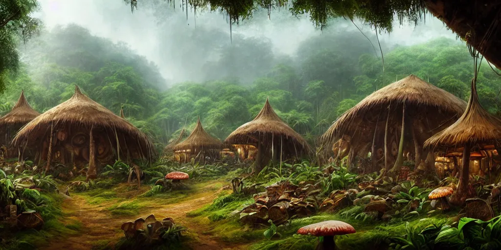 Image similar to a clearing in the jungle reveals a village full of merchant tents and mushroom huts, matte oil painting, science fantasy, retrofuturistic, biblical, rpg, queer, pride, epic, extremely detailed, sharp focus, 4 k