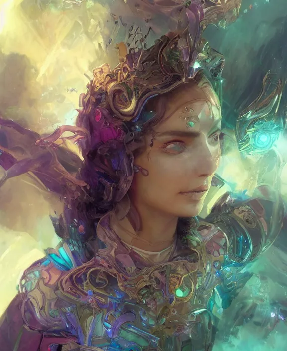 Image similar to a whirlwind of souls rushing inside the metaverse, half body, glowin eyes, tiara with sapphire, pharaoh, android, cyberpunk, d & d, fantasy, intricate, elegant, highly detailed, colorful, vivid color, digital painting, artstation, concept art, art by artgerm and greg rutkowski and alphonse mucha and ruan jia