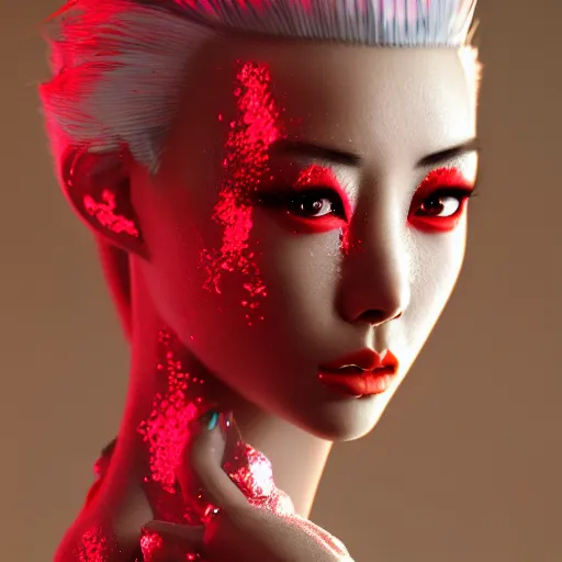 Image similar to Japanese model with maximalist hair style and makeup, fashion model, unreal engine octane, red and white, portrait, glitter, depth of field, 8k, hyper detailed, intricate, trending on artstation