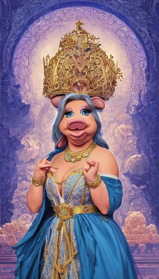 Prompt: miss piggy as a goddess, passionate, sweaty, intricate dressed in ornate blue robes and garter, lovely, intricate, highly detailed, digital painting, artstation, symmetrical, concept art, smooth, sharp focus, illustration, unreal engine 5, 8 k, art by artgerm and greg rutkowski and alphonse mucha