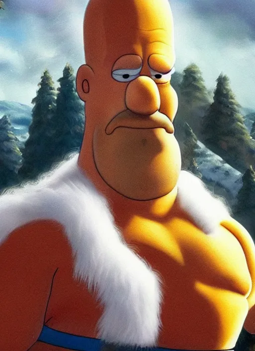 Prompt: painted white Homer Simpson:: depicted as Kratos God of War, Matt Groening art, high detailed official artwork