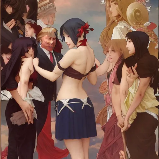 Image similar to anime girl shaking hands with donald trump, intricate, art by artgerm and greg rutkowski and alphonse mucha and william - adolphe bouguereau, high detailed, 4 k,