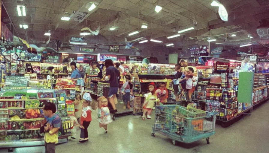 Prompt: 1990s photo of inside the Boring News Grown up errands ride at Universal Studios in Orlando, Florida, children riding on minivans through a grocery store , flying soccer balls, cinematic, UHD