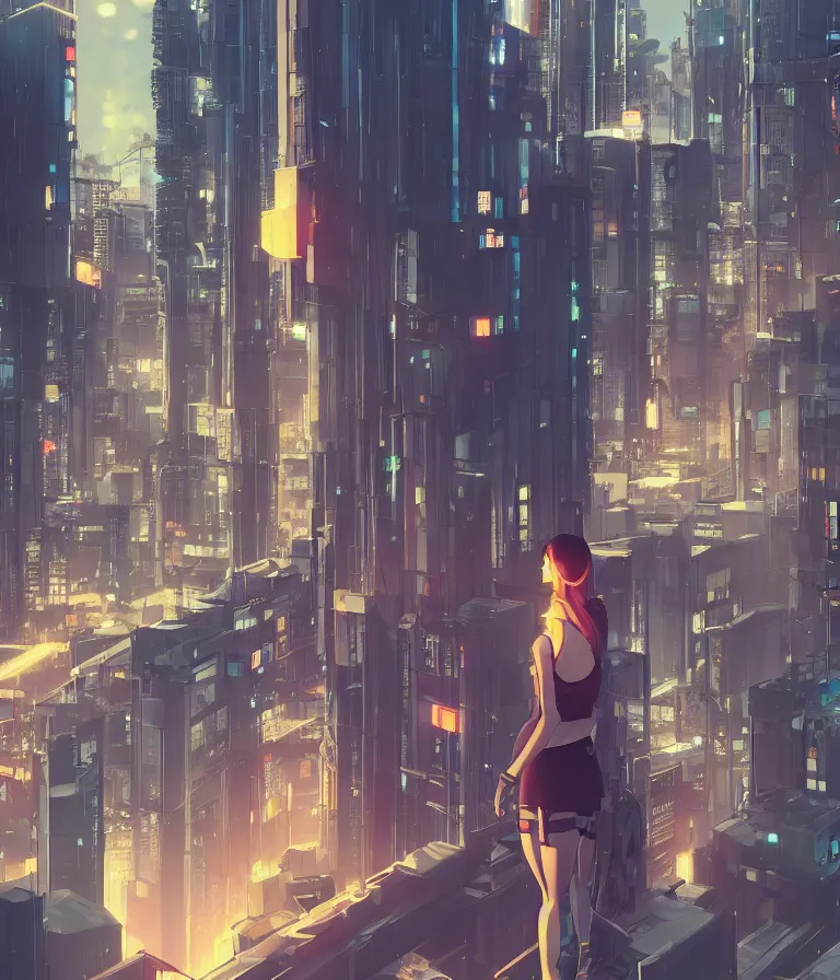 Prompt: a girl stands on top of a multi-storey building, anime style, 4k, cyberpunk city in the background, HD, artstation, very detailed, by Ilya Kuvshinov