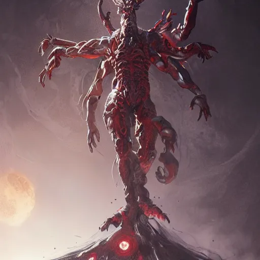 Prompt: four armed statue of a fractal demon of the moon ascending from hell, four arms, dramatic lighting, jagged, artstation, concept art, smooth, sharp focus, illustration, art by greg rutkowski