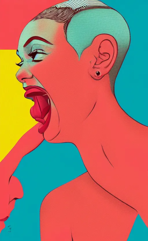 Image similar to illustration portrait of a woman with white buzzcut laughing out loud, art deco painting by tom whalen, by tomer hanuka, funny meme photo, trending on behance, digital illustration, storybook illustration, grainy texture, flat shading, vector art, airbrush, pastel, watercolor, poster