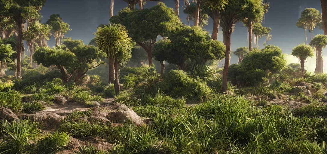 Image similar to a hyper real image of exoplanet flora on an alien world, rendered in unreal engine.