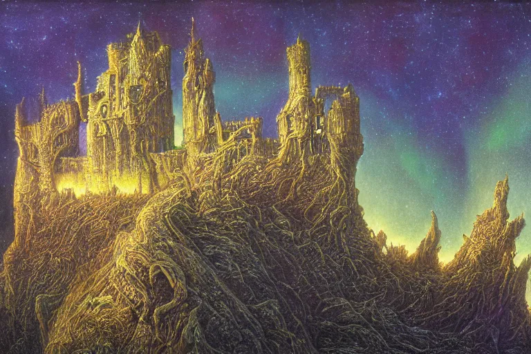 Image similar to highly detailed photoreal eldritch biomechanical castle on a cliff, aurora borealis, psychedelic by alan lee, john howe. ted naismith