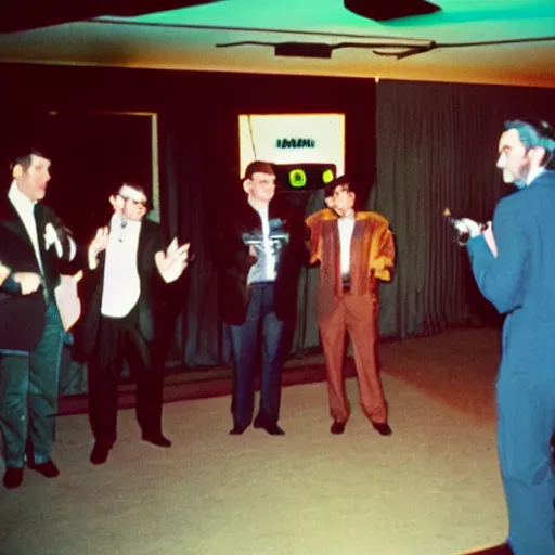 Image similar to retro color photograph of a late night standup comedy show, Kodak film photo