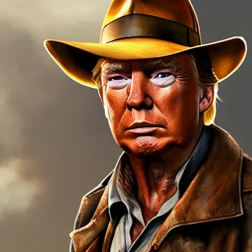 Prompt: Donald Trump as Indiana Jones, action portrait, shown in movie. Extremely detailed digital art, detailed facial features