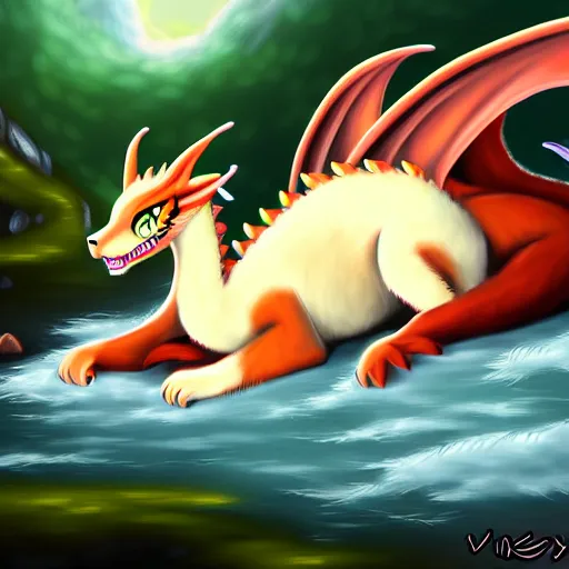 Image similar to furry art, female dragon sleeping by a waterfall, fursona commission, pixiv, furaffinity, portrait