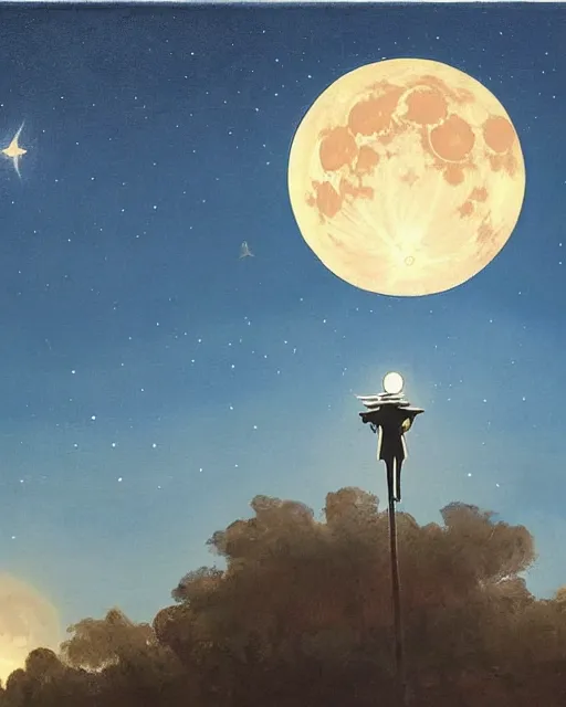 Prompt: painting of a large moon in the sky; the moon is read and has an open eye on it; there is a thin, long, blue cross-shaped star in the sky, anime, detailed, creepy, beautiful