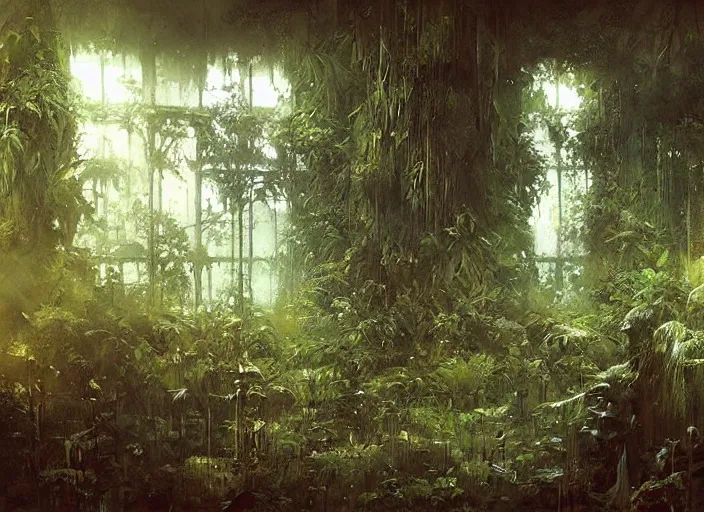 Image similar to interior shot of a lush jungle, an overgrown City can be seen far in the distance, masterpiece, painterly, art by artem demura, emotion, fantasy art,