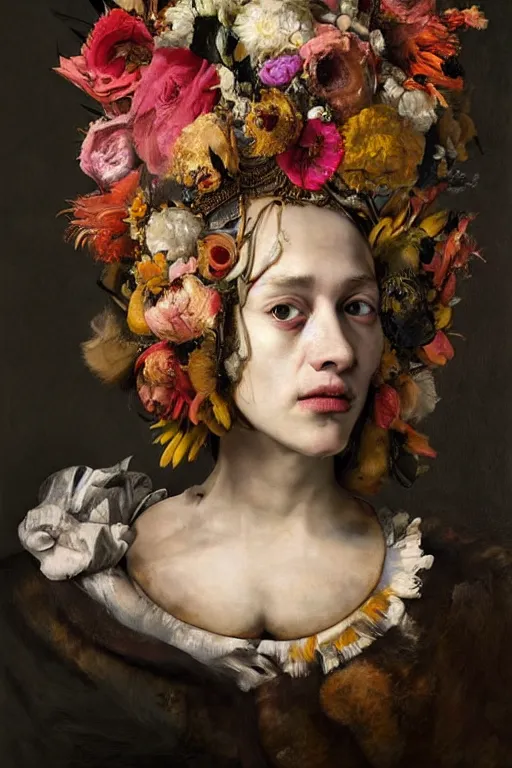 Prompt: A maximalist portrait a with large lips and with large eyes, expressive, deformed face, wearing a headdress made of flowers and !!!bones!!!, baroque by Jenny Saville and (((Caravaggio))) In style of digital illustration art, Rembrandt lighting, Ray tracing, hyper detailed, sharp focus, Soft light 4K, framed in image