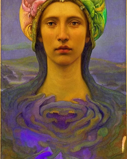 Image similar to the crown of mist and clouds, by Annie Swynnerton and Nicholas Roerich and Diego Rivera, bioluminescent skin, elaborate costume, geometric ornament, symbolist, cool colors like blue and green and violet, smooth, sharp focus, extremely detailed