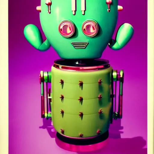 Image similar to a 1950s retro 3D Cactus robot, with space above the head. Bionic cacti Arms and eyes. subject in shot pop surrealism muted colours. pink background. by Jean-Baptiste Monge, wide shot, depth of field