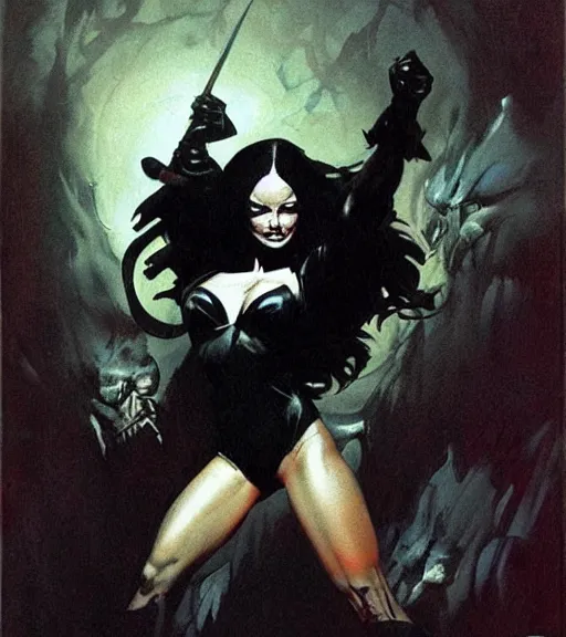 Prompt: seventies scream queen, dark night, strong line, deep color, beautiful! coherent! by brom, by frank frazetta,