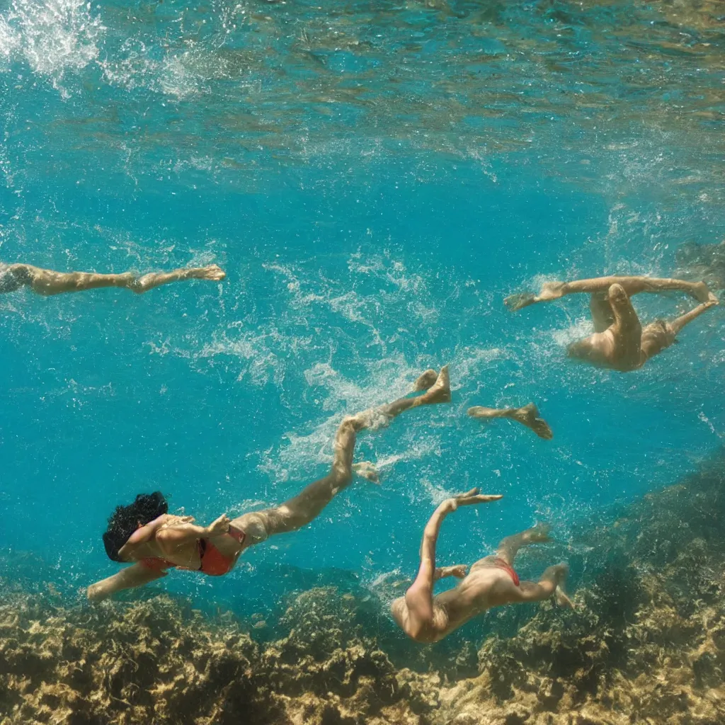 Prompt: swimming in the Mediterranean, looking up to the surface