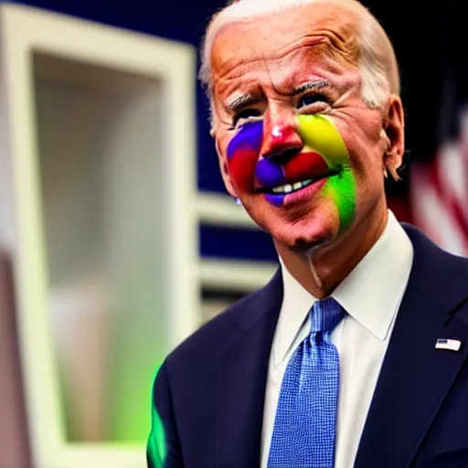 Image similar to Joe Biden with colorful clown makeup all over his face