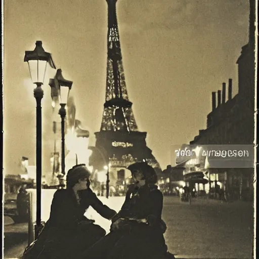 Image similar to two young edwardian women sit outside a cafe in paris at night, the moon is in the sky, the eiffel tower is visible in the background