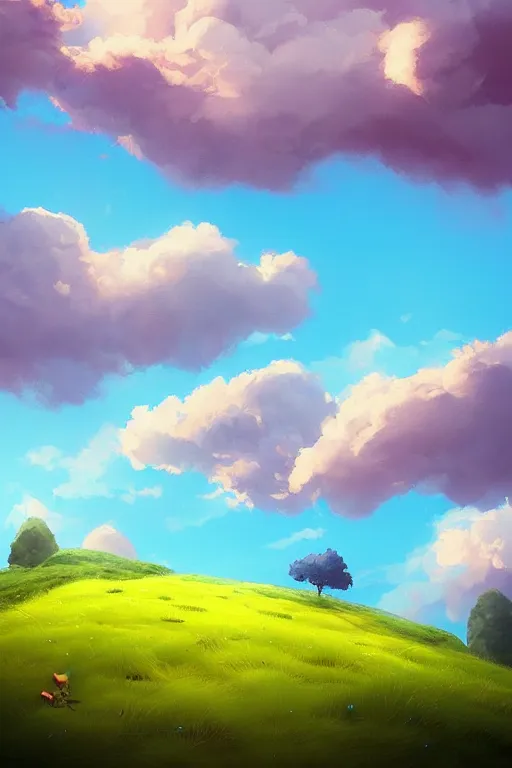 Prompt: grassy hills trees flowers and fantasy sky, birds flying through the clouds blue sky, andreas rocha style