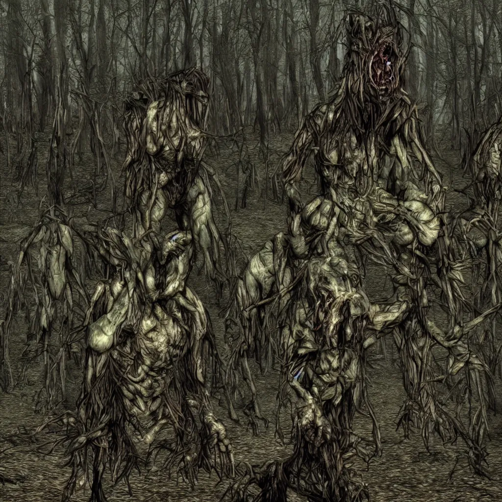 Prompt: dark forest, horrifying creatures, necromorph, horror