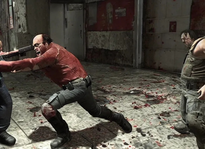 Image similar to video game still of danny devito as leon fighting off a zombie in the video game resident evil 2,