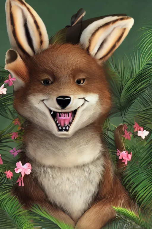 Image similar to a photorealistic adorable zany girly alluring chubby charming but slightly terrifying fennic fox wolf leopard rabbit hybrid, with long floppy rabbit ears chubby body, wearing a bow on the top of its head, grinning at the camera with a mischievous look, smile with sharp teeth, happy lighting, at a tropical beach