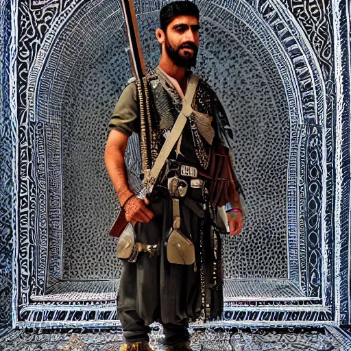 Image similar to “ full body, afghan warrior, an afghan male type, standing in - front of the kaa ’ ba, highly intricate detailed, light and shadow effects, intricate, highly detailed, digital painting, art station, concept art, smooth, sharp focus, illustration, advanced digital art, atmospheric lighting, detailed face, 8 k, hq ”