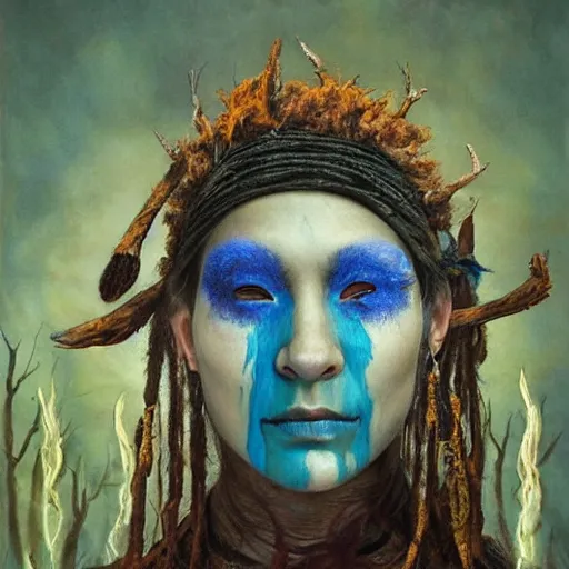 Image similar to A young blindfolded shaman woman with a decorated headband from which blood flows, in the style of heilung, blue hair dreadlocks and wood on her head. The background is a forest on fire, made by karol bak and james gurney