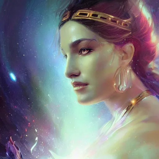 Prompt: a beautiful portrait of a cosmic goddess by Greg Rutkowski and Raymond Swanland, Trending on Artstation, nebula background