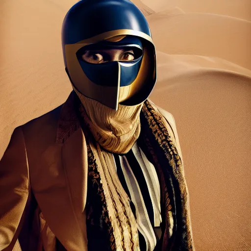 Prompt: Portrait of an editorial model with reflective ornate gold color blocks helmet mask scarf standing in sand dunes in the Grand Budapest Hotel