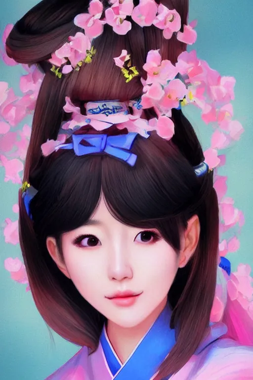 Image similar to pretty korean woman wearing beatiful hanbok, face by artgerm, bright pastel colors, trending on artstation