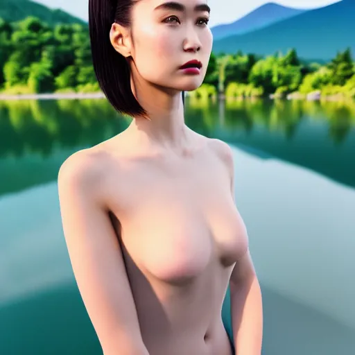 Prompt: a instax photo of fuji mountain, a beautiful girl in a transparent sheer fabric dress against the background of a lake, full body shot, perfect symmetrical body, perfect symmetrical face, coherent symmetrical eyes, hyperrealistic, hyperdetailed, octane render, 8 k