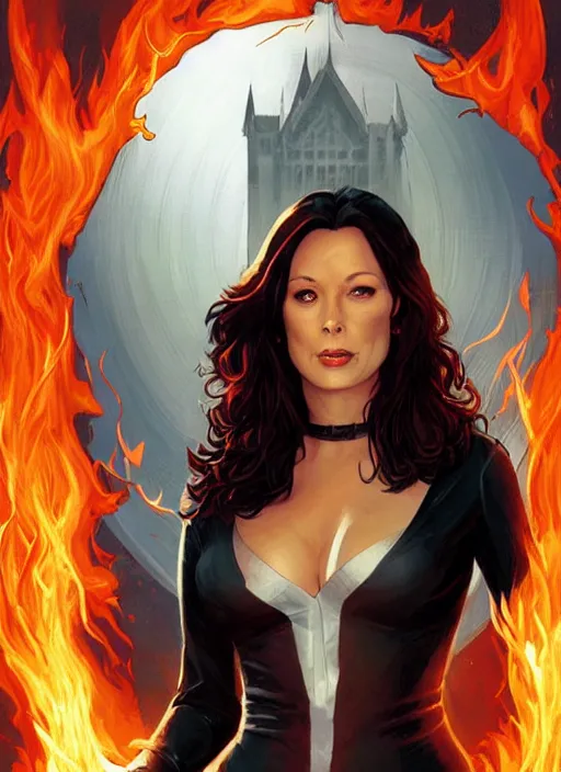 Image similar to a 8K DC comic of Prue Halliwell as Zatanna from DC comics , wavy hair . D&D style, sharp definition, surrounded by flames. Art by by Greg Rutkowski and Dan Mumford.