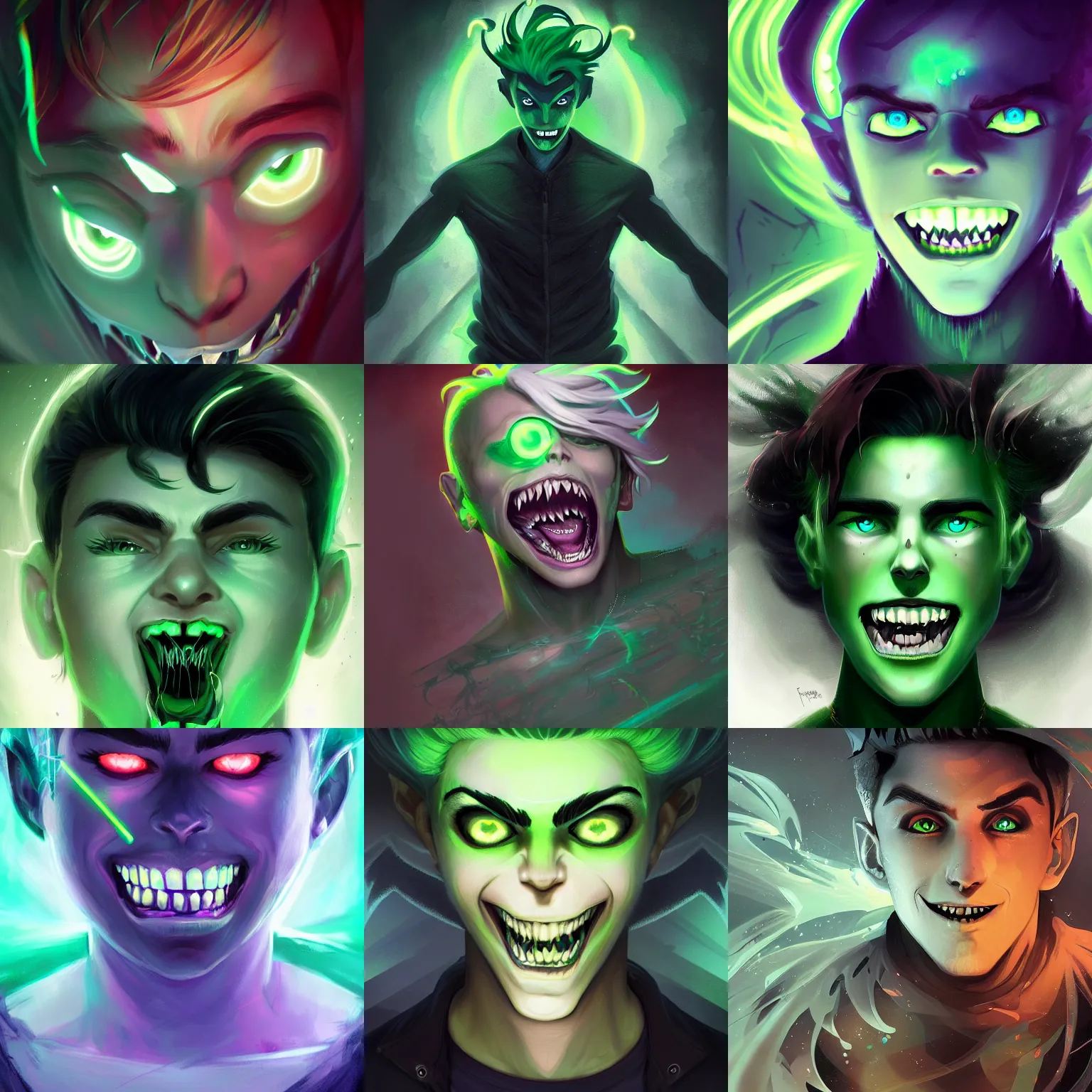 Prompt: digital matte intricate illustration concept art, young danny phantom!! glowing green eyes and sharp teeth fangs, face, alt art fashion inspired art by charlie bowater and wlop and mark arian and ross tran + neon colors, symmetry, intricate complexity, epic composition, magical atmosphere, highly detailed, cinematic lighting + masterpiece, trending on artstation + 8 k