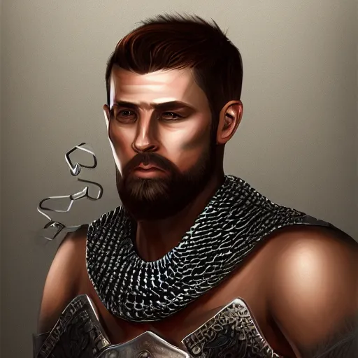 Image similar to portrait, 30 year old man, spanish, squared jaw :: athletic, angered, short dark hair :: chain mail, hauberk :: high detail, digital art, RPG, concept art, illustration