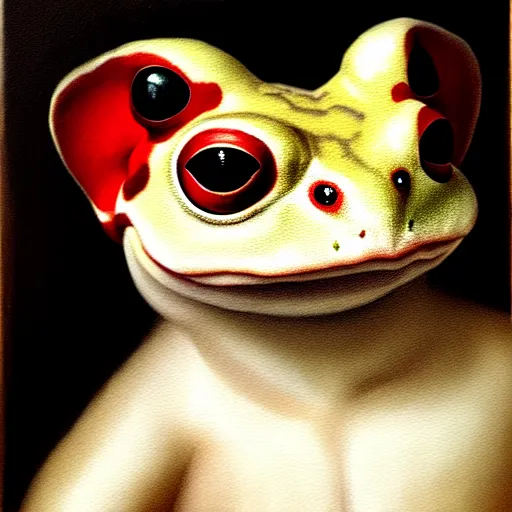 Prompt: a head and shoulders portrait painting of an anthropomorphic! amazon milk frog wearing a colonial outfit without a hat looking off camera, a character portrait, american romanticism, oil on canvas, soft focus