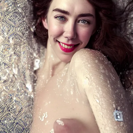 Image similar to stunning photo of dark - haired goddess vanessa kirby smiling, laying back on a pillow, with white tears all over her face, a beautiful closeup, wet lips, perfect eyes, insanely detailed, elegant, by mucha, wlop, rutkowski, livia prima