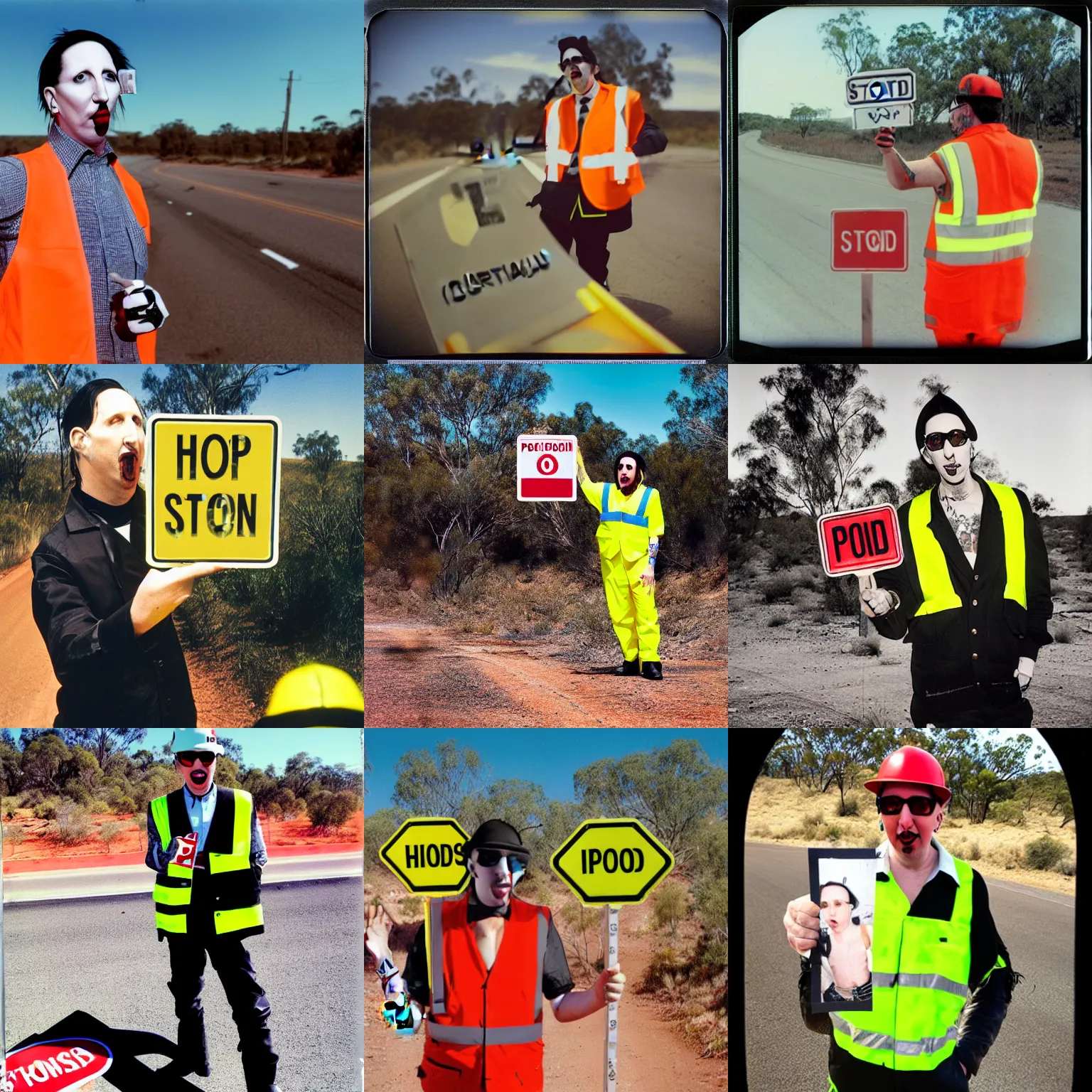 Prompt: Marilyn Manson, holding a stop sign, wearing hi vis clothing, polaroid photograph, in the Australian outback, 4k