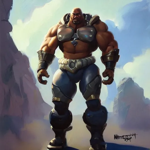 Image similar to greg manchess portrait painting of fully armored the foundation aka dwayne the rock from fortnite as overwatch character, medium shot, asymmetrical, profile picture, organic painting, sunny day, matte painting, bold shapes, hard edges, street art, trending on artstation, by huang guangjian, gil elvgren, ruan jia, greg rutkowski, gaston bussiere