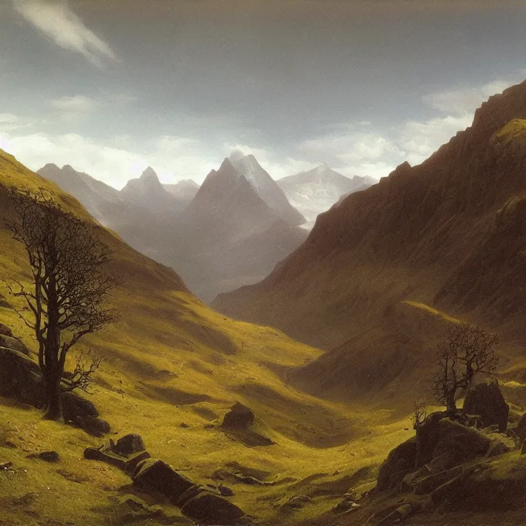 Prompt: Hiking in the Scottish Highlands. Carl Gustav Carus.