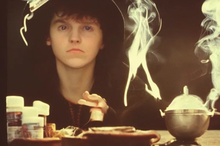 Image similar to polaroid 1 9 8 0's photo, close up portrait, dramatic lighting, concentration, calm confident teen witch and her cat mixing a spell in a cauldron, a little smoke fills the air, a witch hat and cape, a little green smoke is coming out of the cauldron, ingredients on the table, apothecary shelves in the background, still from harry potter