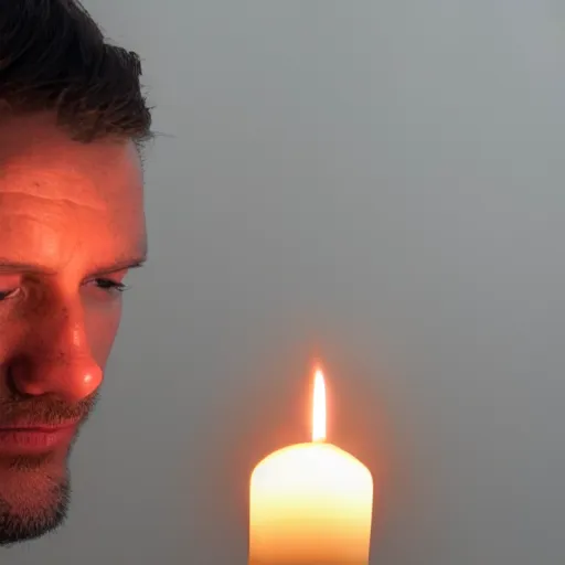 Prompt: photo of a man with a burning candle wick coming out of the top of his melting head