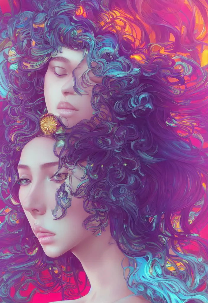 Image similar to beautiful, young woman, detailed gorgeous face, vaporwave aesthetic, synthwave, colorful, psychedelic, crown, artstation, concept art, smooth, extremely sharp detail, finely tuned detail, ultra high definition, 8 k, unreal engine 5, ultra sharp focus, illustration, art by artgerm and greg rutkowski and alphonse mucha